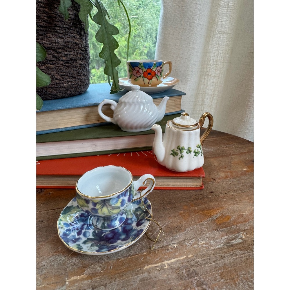 Vintage Miniature Tea Set Sandford Bone China Shamrock Teapot Floral Cups Lot